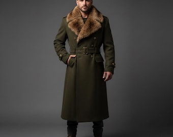 Men's Wool Overcoat Olive Green - Fur Collar Jacket - Long Trench Coat - Double Breasted coat.
