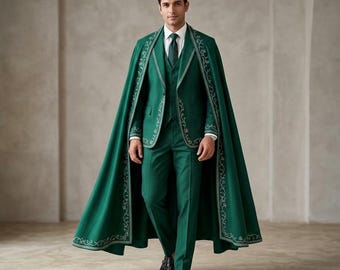 Emerald Green Men’s 3 Piece Suit with cape, Royal Groom Suit, Medieval Wedding Cloak, Victorian Formal Wear, Regency Prince Outfit.