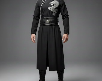 Modern Hanfu Men’s Black Coat | Silver Dragon Embroidery | Techwear Asian Streetwear | Gothic Martial Arts Tang Suit.