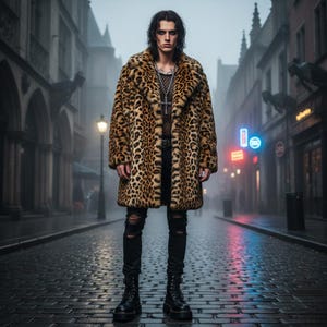 Könnte beinhalten: Eine Person trägt einen Mantel aus Leopardenfellimitat, eine schwarze zerrissene Jeans und schwarze Kampfstiefel. Der Mantel ist braun mit schwarzen Flecken. Die Person steht auf einer Kopfsteinpflasterstraße.