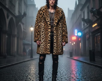 Men's Leopard Faux Fur Coat - Animal Print Long Jacket - Rock Star Outerwear - Festival Fashion - Gothic Glam - Vegan Fur - Unique Gift.