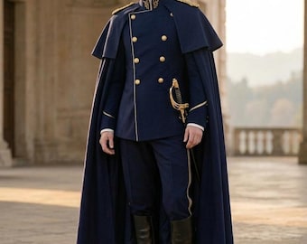 Mens Prince Charming Costume - Royal Military Uniform - Navy Blue Cape Outfit - King Cosplay - Regency Era Suit - Historical Theater Attire.