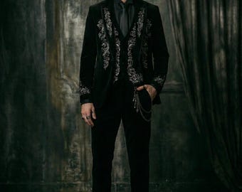 Men's Black Embroidered Gothic Suit, Victorian Wedding Groom Outfit, Luxury Formal Wear, Gothic Menswear, Aristocrat Suit.