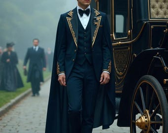 Royal Navy Blue Men's Suit with Gold Embroidery - Victorian Prince Costume - Regency Groom Tuxedo - Vintage Edwardian Cape Suit - Luxury Set