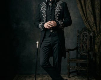 Victorian Gothic Men's Tailcoat, Black Embroidered Wedding Suit, Gothic Groom Tuxedo, Aristocrat Formal Coat, Dark Academia Outfitmc39