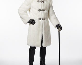 White Faux Fur Coat for Men, Long Winter Coat, Gothic Victorian Fur Jacket, Gothic Vampire Costume, Elegant Cosplay & Formal Winter Wear.