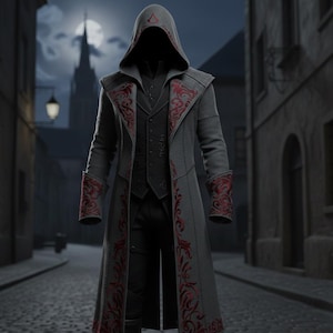 Può includere: Un cappotto grigio con cappuccio con ricami floreali rossi, un gilet nero e pantaloni. Il cappotto presenta un colletto alto e maniche lunghe con polsini rossi. Lo sfondo mostra una strada acciottolata e degli edifici.