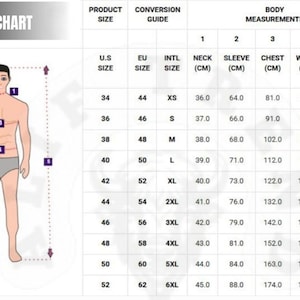 May include: A size chart with body measurements in centimeters, including neck, sleeve, chest, waist, and height. The chart also includes U.S., EU, and international sizes, with a male figure illustrating measurement points.