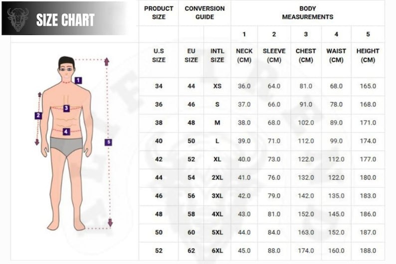 May include: A size chart with body measurements in centimeters, including neck, sleeve, chest, waist, and height. The chart also includes U.S., EU, and international sizes, with a male figure illustrating measurement points.