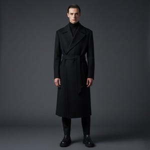 Peut inclure: Un long manteau noir avec une fermeture croisée et une ceinture assortie. Le manteau a un revers classique et est porté sur un col roulé noir. Le modèle porte un pantalon noir et des chaussures noires. Le fond est gris uni.