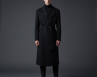 Men's Luxury Black Belted Overcoat, Designer Longline Winter Trench Coat, Formal & Casual Style, Premium Quality Outerwear.