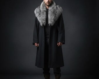 Men’s Long Black Cotton Coat | Viking Style Winter Overcoat | Gothic Trench Coat | Fur Collar Cosplay Medieval Coat