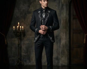 Gothic Men's Suit, Black Embroidered Wedding Suit, Victorian Groom Tuxedo, Gothic Formal Wear, Dark Academia Mens Outfit