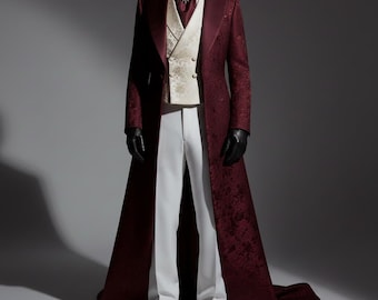 Men’s Burgundy Jacquard Coat | Victorian Gothic Long Jacket | Steampunk Vampire Costume | Groom Wedding Suit | Formal Set.