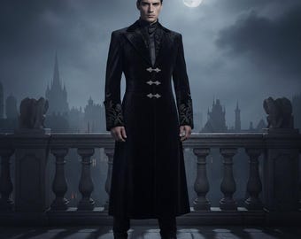 Men's Gothic Velvet Long Coat - Vampire Renaissance Steampunk Jacket - Victorian Formal Ball Cosplay Costume - Halloween Lord Overcoat