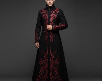 Men’s Gothic Long Coat | Embroidered Steampunk Trench | Vampire Dracula Costume | Medieval LARP Jacket | Gothic Wedding Coat.