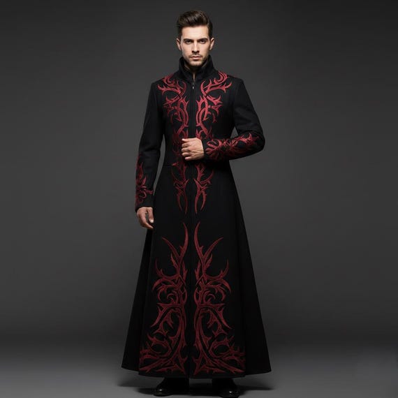 Men’s Gothic Long Coat | Embroidered Steampunk Trench | Vampire Dracula Costume | Medieval LARP Jacket | Gothic Wedding Coat.