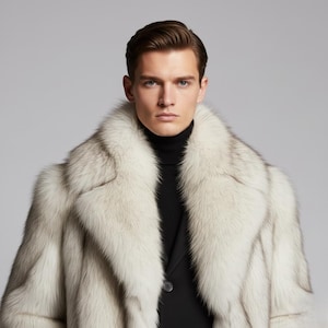 May include: A luxurious, light-colored fur coat with a wide collar. The coat is worn over a black turtleneck and a dark blazer. The image is a studio shot with a neutral background, highlighting the texture and style of the outerwear.