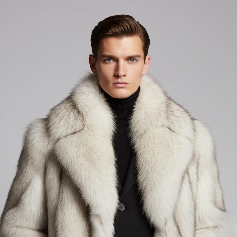 May include: A luxurious, light-colored fur coat with a wide collar. The coat is worn over a black turtleneck and a dark blazer. The image is a studio shot with a neutral background, highlighting the texture and style of the outerwear.