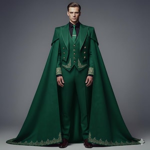Men's Suit with Cape, 4 Piece Embroidered Groom Wear, Gothic Wedding Tuxedo, Regal Victorian Style Prom Outfit, Custom Made