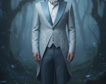 May include: A light gray formal suit with a blue satin lapel and butterfly embroidery. The suit includes a long tailcoat, vest, and trousers. The background is a blurred forest scene.