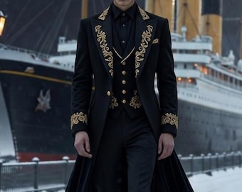 Gothic Royal Suit Men, Dark Academia Velvet Long Coat, Gold Embroidery Prince Jacket, Fantasy King Costume, Victorian Steampunk Formal Wear.