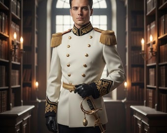 White Officer Jacket, Military Uniform, Prince Costume, Formal Menswear, Royal Attire, Cosplay, Bespoke Suit, Commander Coat.