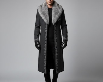 Casaco masculino cinza de algodão com gola de pele | Trench coat longo gótico steampunk | Jaqueta bordada de inverno | Casaco slim fit para cosplay.
