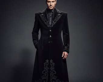 Mens Long Gothic Overcoat, Ankle Length Tailored Trench, Royal Black Embroidery Steampunk Jacket, Luxury Victorian Vampire Coat, Goth Style.