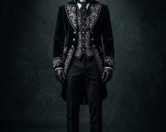 Men's Black Silver Embroidered Tailcoat Suit, Victorian Wedding Groom Outfit, Gothic Formal Wear, Royal Prince Costume.
