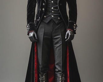 Gotisk viktoriansk vampyrfrack för män, svart sammetstrenchcoat, steampunk bröllopsoutfit.
