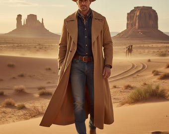 Men's Sand Brown Suede Duster Coat, Long Western Cowboy Jacket, Lightweight Relaxed Fit Trench, Desert Aesthetic Cinematic Outwear Fashion.