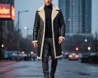 Premium Men's Shearling Leather Trench Coat | Black Winter Jacket with Plush Fur Collar & Cuffs | Classic Aviator Style Outerwear.