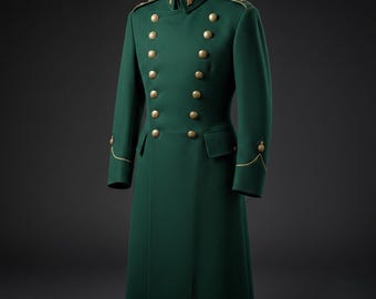 Vintage Military Style Long Trench Coat - Deep Green Officer Jacket - Formal Structured Steampunk & Gothic Longline Coat.