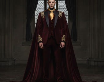 Men's Royal Burgundy Velvet Suit with Long Cape | Gothic Victorian Wedding Tuxedo | Regal Formal Wear for Groom, Prom & Stage Performance.