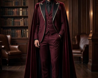 Burgundy Velvet Men Suit with Long Cape - Maroon 3 Piece Groom Tuxedo - Royal Wedding Suit - Gothic Vampire Costume - Victorian Men Fashion