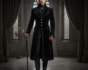 Men's Goth Vampire Coat, Vintage inspired Black Velvet Jacket, Edwardian Aristocrat Tuxedo, Victorian Groomsmen Jacket, Gothic Prom Attire.