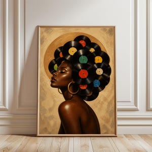 May include: A framed wall art print featuring a profile portrait of a person with dark skin and gold hoop earrings. Their hair is styled as a large, voluminous afro composed of multiple black vinyl records with colourful centre labels.