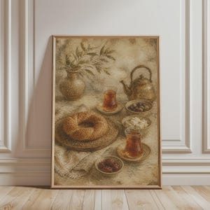 Rustik frukostposter, konsttryck för tetid, illustration för mysigt kök, varm väggdekoration för matplats, konstverk för inbjudande måltid