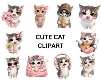 May include: A collection of digital illustrations featuring various kittens in different poses, including holding a bouquet of pink flowers, drinking beverages, wearing headphones, eating noodles, and wrapped in a pink blanket with the text CUTE CAT CLIPART.