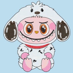 Puede incluir: Ilustraci&oacute;n de dibujos animados de una criatura con un cuerpo blanco y peludo y una capucha a juego con detalles marrones. La criatura tiene una cara rosa, ojos grandes de color naranja y un cuello rojo. El fondo es azul claro.