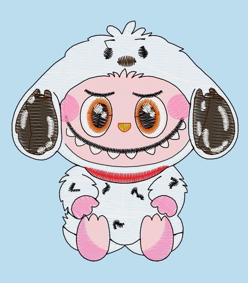 Puede incluir: Ilustraci&oacute;n de dibujos animados de una criatura con un cuerpo blanco y peludo y una capucha a juego con detalles marrones. La criatura tiene una cara rosa, ojos grandes de color naranja y un cuello rojo. El fondo es azul claro.