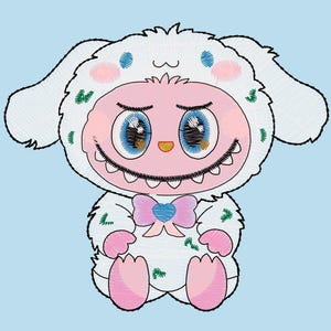 Puede incluir: Personaje de dibujos animados bordado con una capucha blanca con forma de conejo, cara rosa y ojos azules grandes. El personaje tiene una sonrisa amplia y dentada, patas rosas y un lazo. El fondo es azul claro.