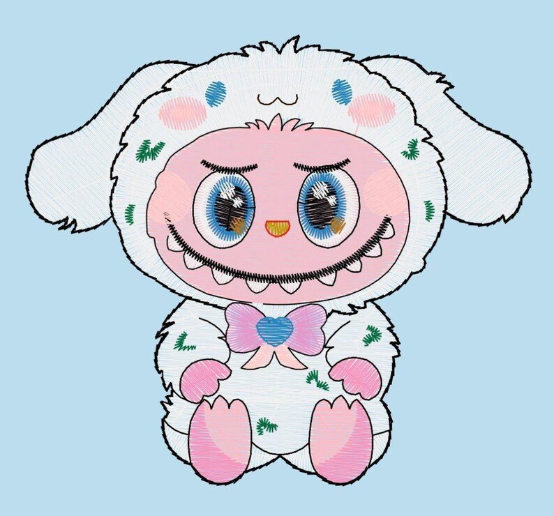 Puede incluir: Personaje de dibujos animados bordado con una capucha blanca con forma de conejo, cara rosa y ojos azules grandes. El personaje tiene una sonrisa amplia y dentada, patas rosas y un lazo. El fondo es azul claro.