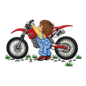 Broderidesign för liten biker, barn på dirt bike-maskinfil, motorcykelpojkestygnmönster