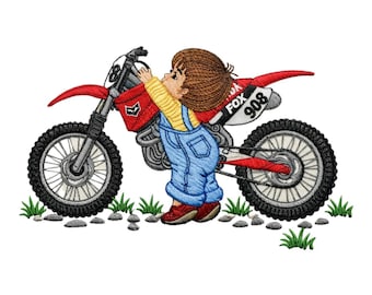Diseño de bordado de motociclista pequeño, archivo de niño en moto de cross, patrón de puntada de niño motociclista