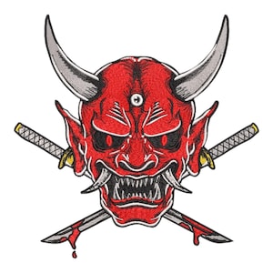 Oni-maskbroderidesign – Japansk demonsamurajtatuering digital nedladdningsfil