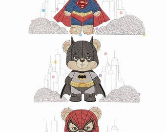 Diseño de bordado a máquina "Trío de Héroes de Peluche", archivo de puntada de osos superhéroes (descarga instantánea)