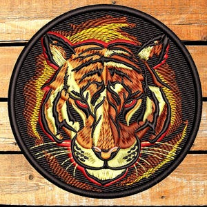 Tiger Head with Floral Embroidery Design | Circle Patch Machine Embroidery | Jungle Animal