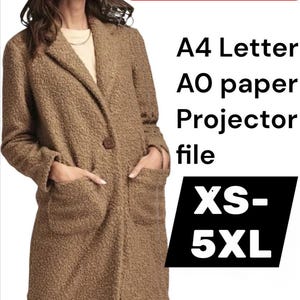 May include: A woman wearing a brown, textured coat with large pockets and a single button closure. The image includes text that reads "PDF PATTERN" and "XS-5XL", along with options for A4 Letter, AO paper, and Projector file.
